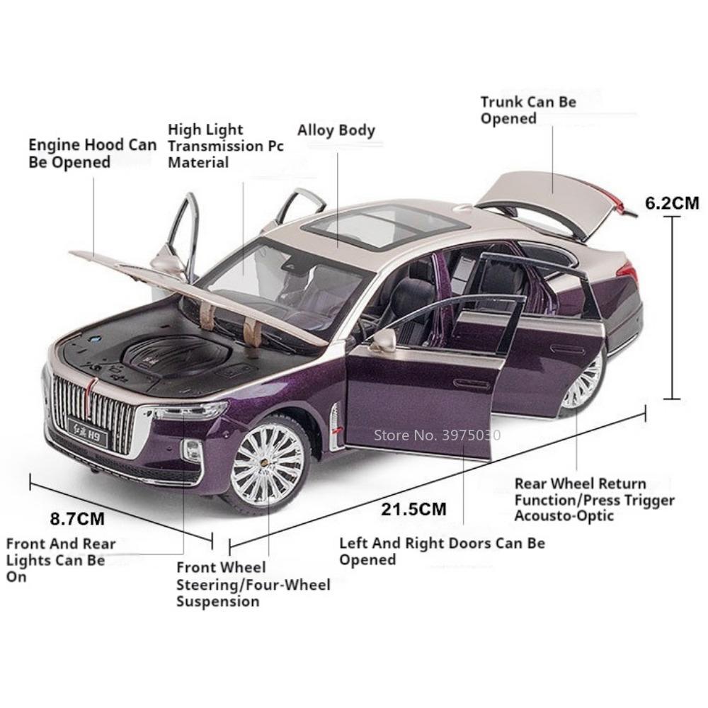 1:24 Hong Qi H9 Cars Toys Miniature Models Alloy Diecast 6 Doors Opened Pull Back Parade Vehicles for Adult Collectible Gifts