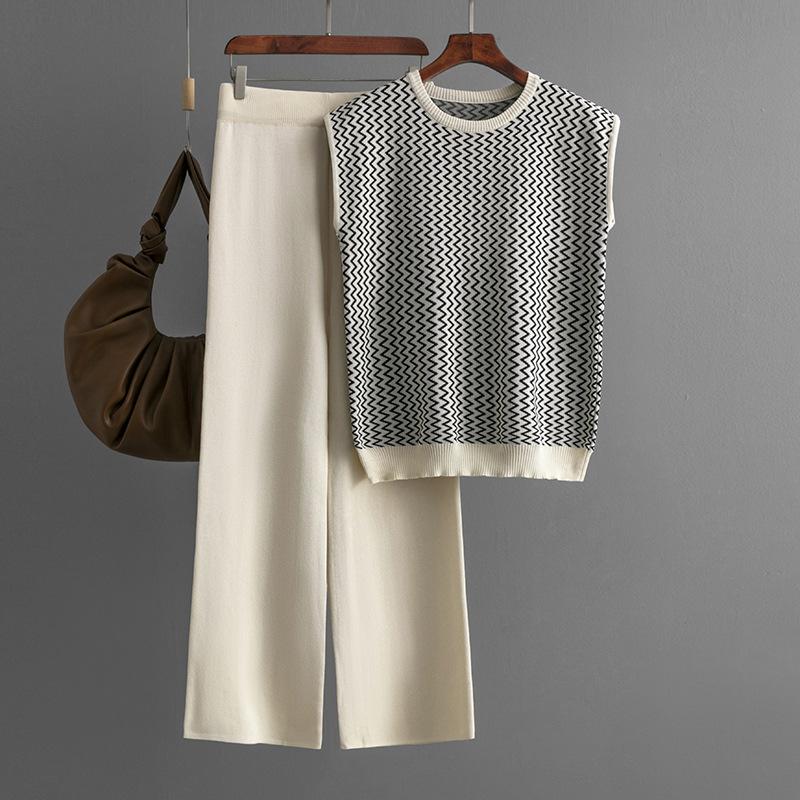 Women's Two Pieces Set Fashion Casual Striped Knit Top Elastic Wide Leg Pant Set Summer Pullover Vest Womens Outfit Set