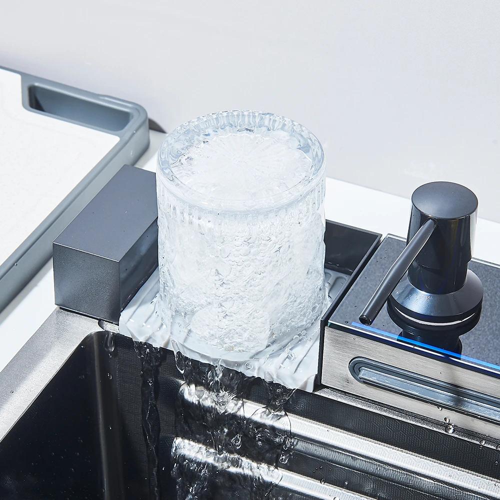 304 Stainless Steel Waterfall Kitchen Sink Faucet Set with Large Single-slot Integrated Digital Display Soap Dispenser 75*45 Cm