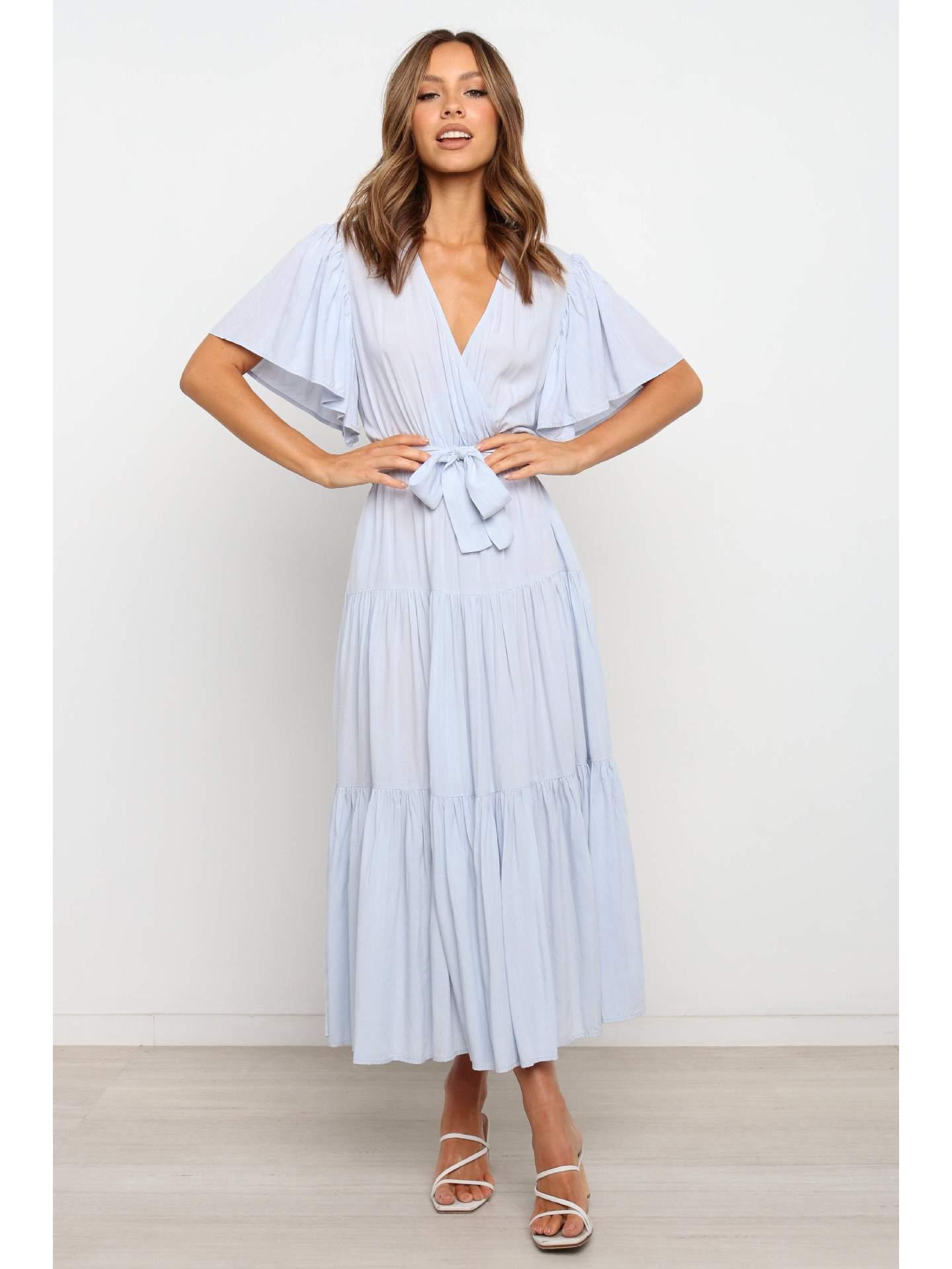 

Богемное платье с V-образным вырезом, принтом, короткими рукавами и приталенным силуэтом, длинное, в наличии L небесно-голубой