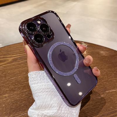 Lüks Glitter Elmas Şeffaf Telefon Kılıfı Iphone 14 13 12 Pro Max Manyetik Magsafe Kablosuz Şarj Pc Sert Telefon Kapağı