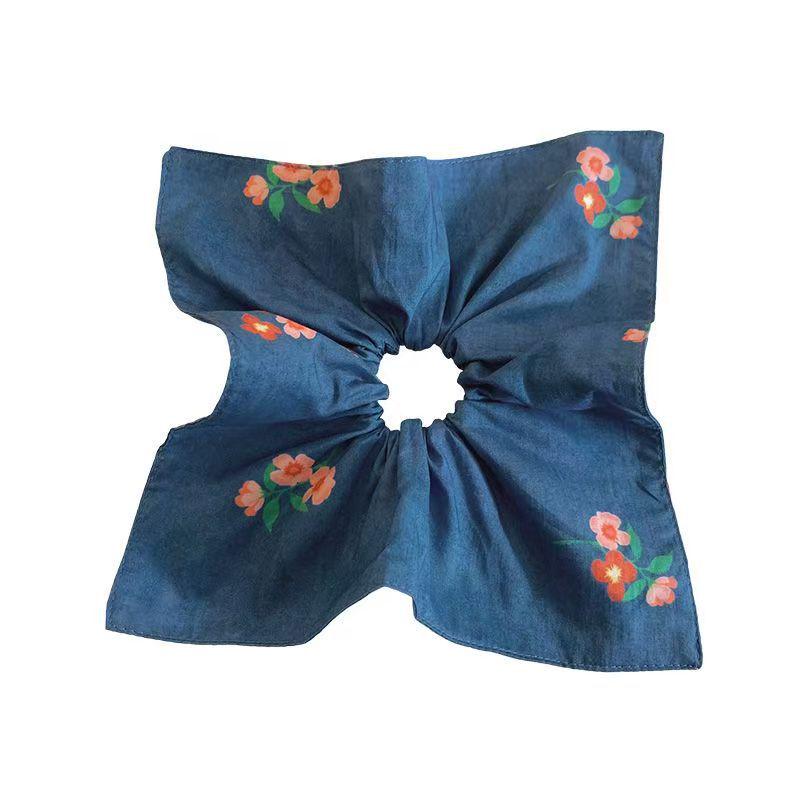 Korean Blue Floral Square Scarf Scrunchie Bun Hair Tie
