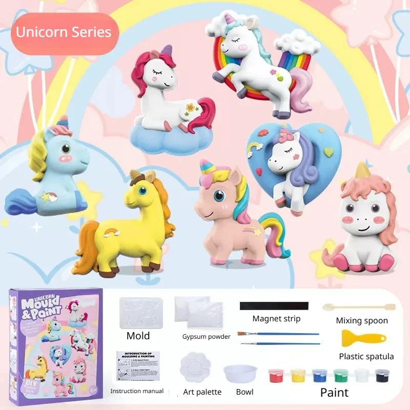 Children Creative DIY Plaster Mold Full Set Handcrafted Painting Coloring Pigment Unicorn Cake Animal Graffiti Art Mini Toys