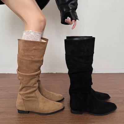 Vintage Geplooide Dames Kniehoge Laarzen Mode Lage Hakken Puntige Neus Schoenen Herfst Winter Instappers Moderne Lange Laarzen Voor Vrouwen