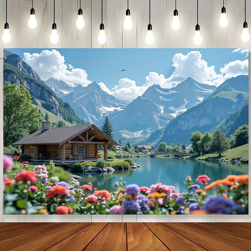 2D Alpine Lake Cabin Backdrop with Snowy Mountains 47.2x31.5inch/120*80cm