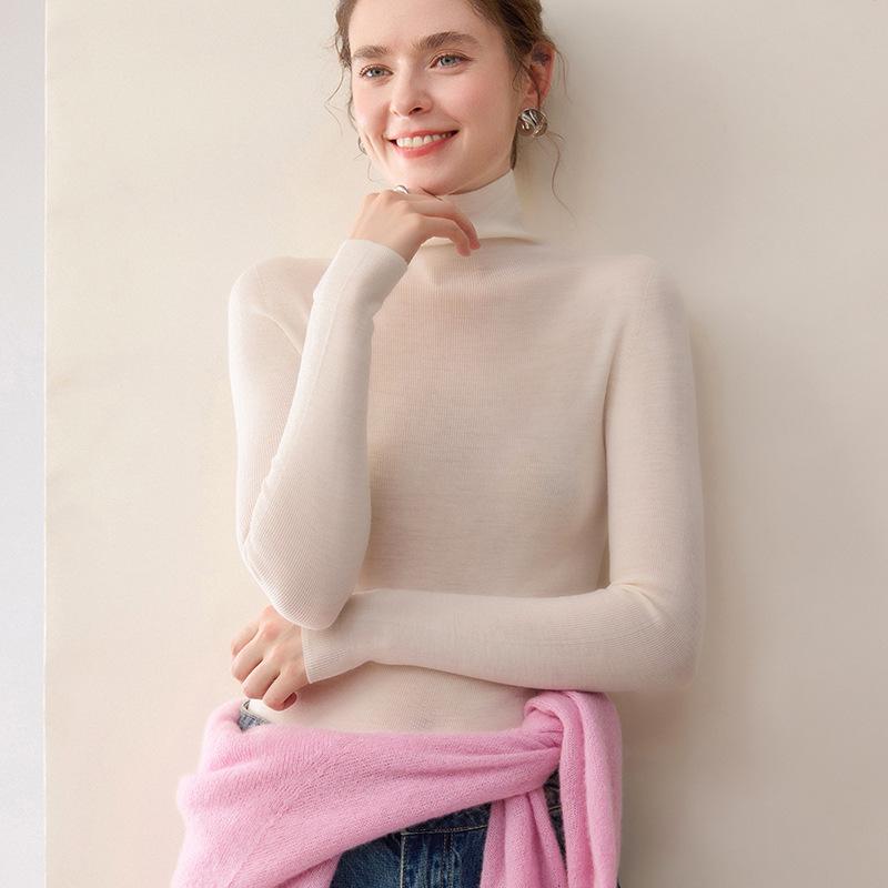 Damen Schlank Geschnitten Hoher Kragen Nahtlos Gestrickter Wollpullover - Langarm Basisschicht für Herbst und Winter