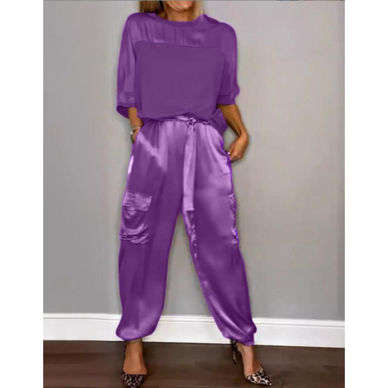 

Весенне-летняя мода Однотонный пэчворк Гладкий атласный топ с рукавом до локтя Свободные зауженные брюки Повседневный спортивный костюм-двойка Purple S
