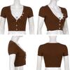 Y2K koronkowe wykończenia przycięte topy brązowy bawełniany t-shirt z guzikami z krótkim rękawem dekolt w serek Retro Harajuku Basic Casual Cardiagn Women Tee