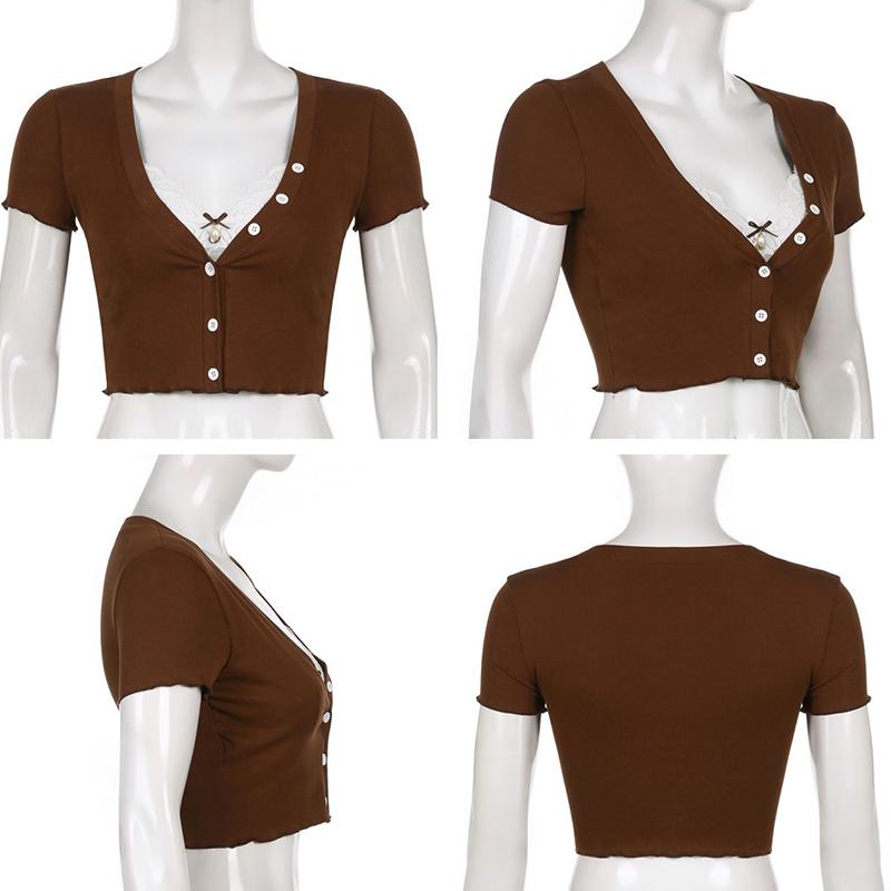 Y2K koronkowe wykończenia przycięte topy brązowy bawełniany t-shirt z guzikami z krótkim rękawem dekolt w serek Retro Harajuku Basic Casual Cardiagn Women Tee