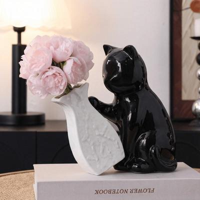 Creative Black Ceramic Cat Vase Countertop Decoration Fresh Flower Hydroponic Vase Abstract Cat Dining Table Living Room Decor
