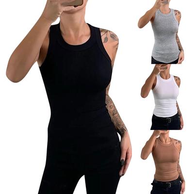 Kadın Yaz Modası Rahat Düz Renk Yuvarlak Yaka Kolsuz Üst Sıkı Tank Top