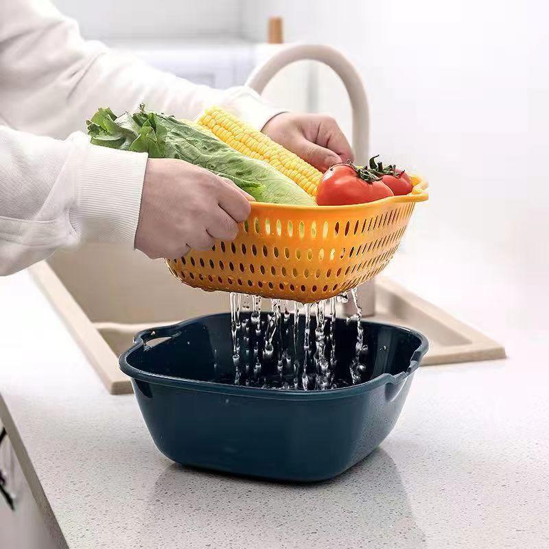 6Pc/Set Double Layer Drainage Basket Multifunctional Fruit Vegetable Cleaning Storage Baskets Plastic Square Kitchen Supplies
