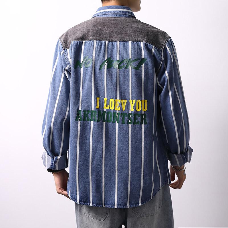 Spring Autumn Long-sleeved Denim Shirts Men Stitching Striped Overcoats Male Loose Pockets Casual Shirt