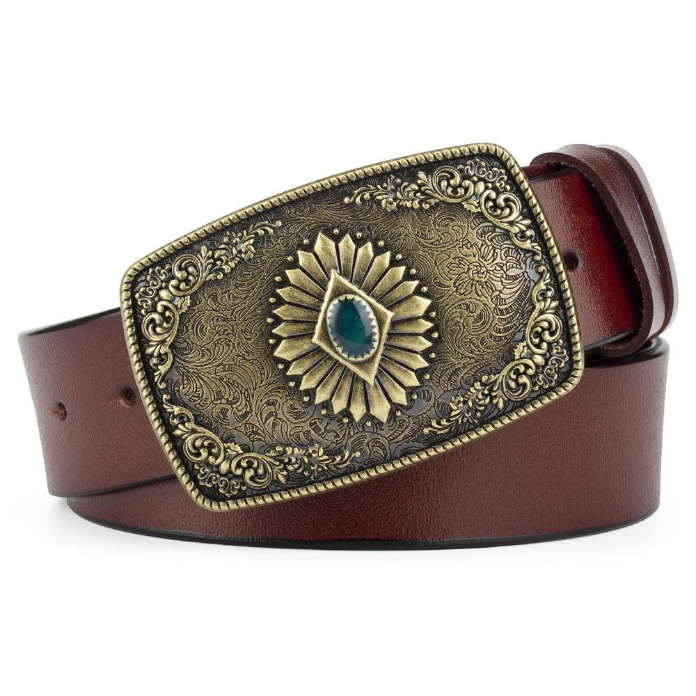 Classical Silver Carved Flower Pattern Buckle Enamel Sapphire Genuine Leather Belt For Women Men Belts Gift