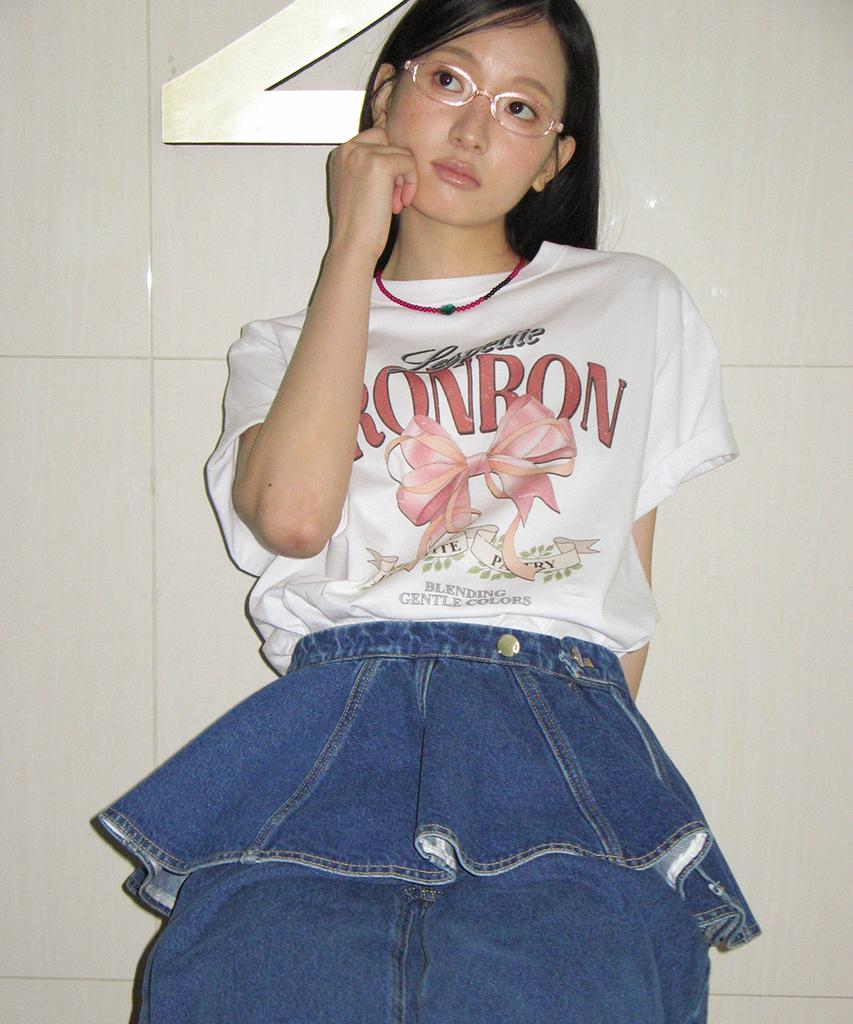 RONRON Vintage Double Ribbon Basic Fit T Shirt White