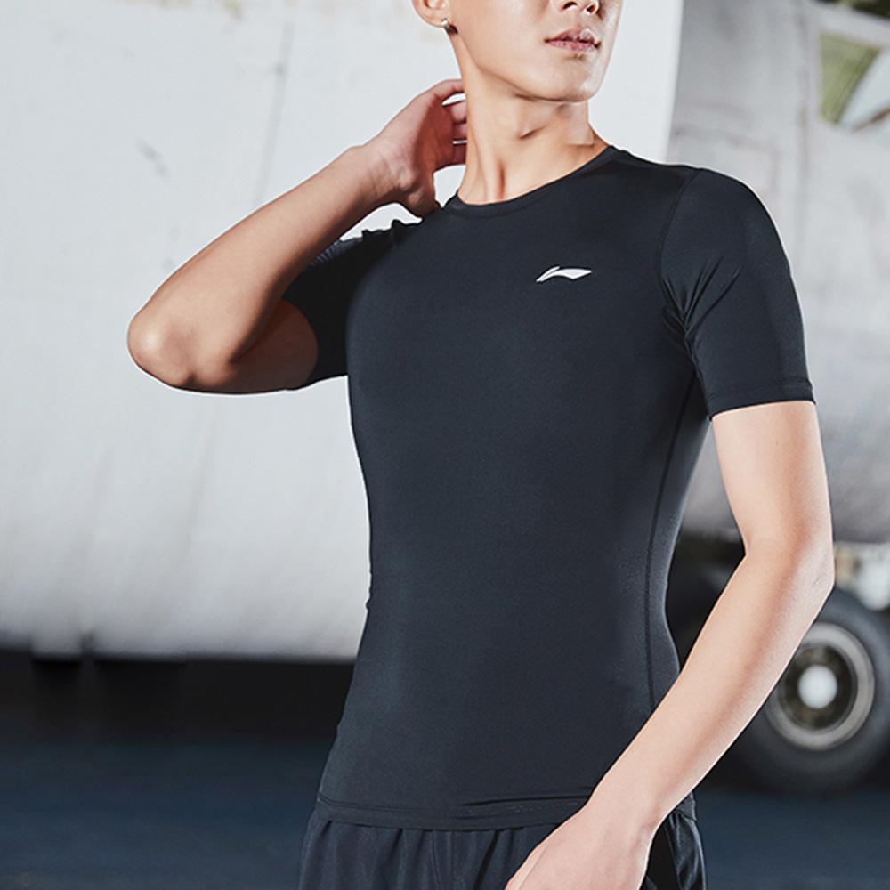 Li-Ning Solid Color Logo Print Tight Stretch Short Sleeve T-Shirt Men Tops Black AUDS099-1