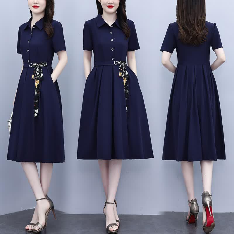 Women's Ice Silk A-Line Polo Midi Dress
