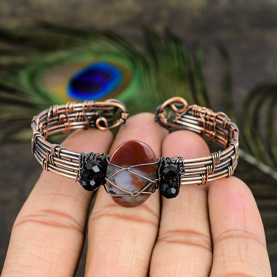 Naturalny Kamień Krwi Kamień Szlachetny Ręcznie Robiony Miedziany Drut Oplot Mankiet Bransoletka Regulowana. w3R93