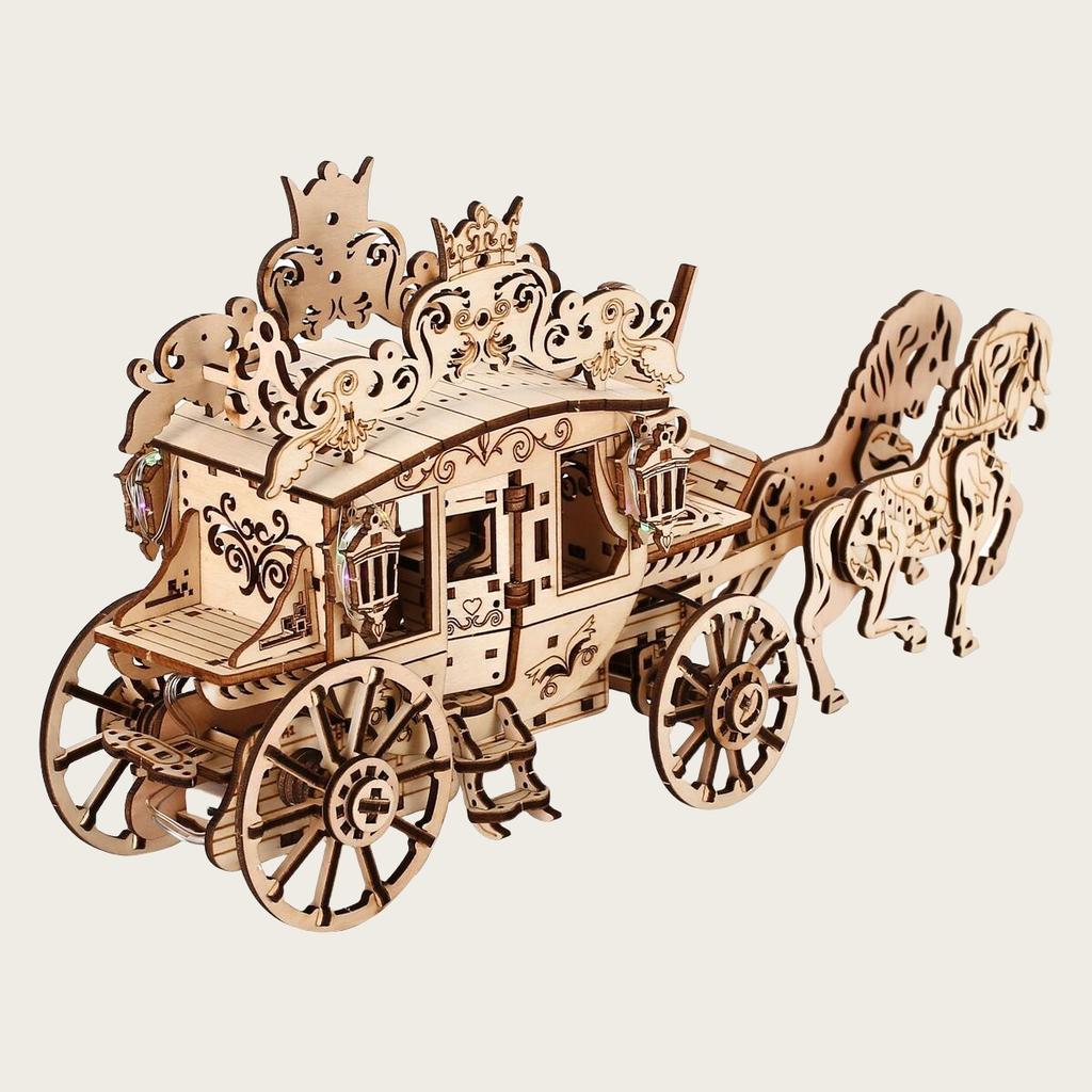 Rustic 3D Horse-Drawn Cart Assembly Kit - 3D Wooden Puzzle Diy Carriage Model, Tabletop Decor Craft With Night Light - Festive D