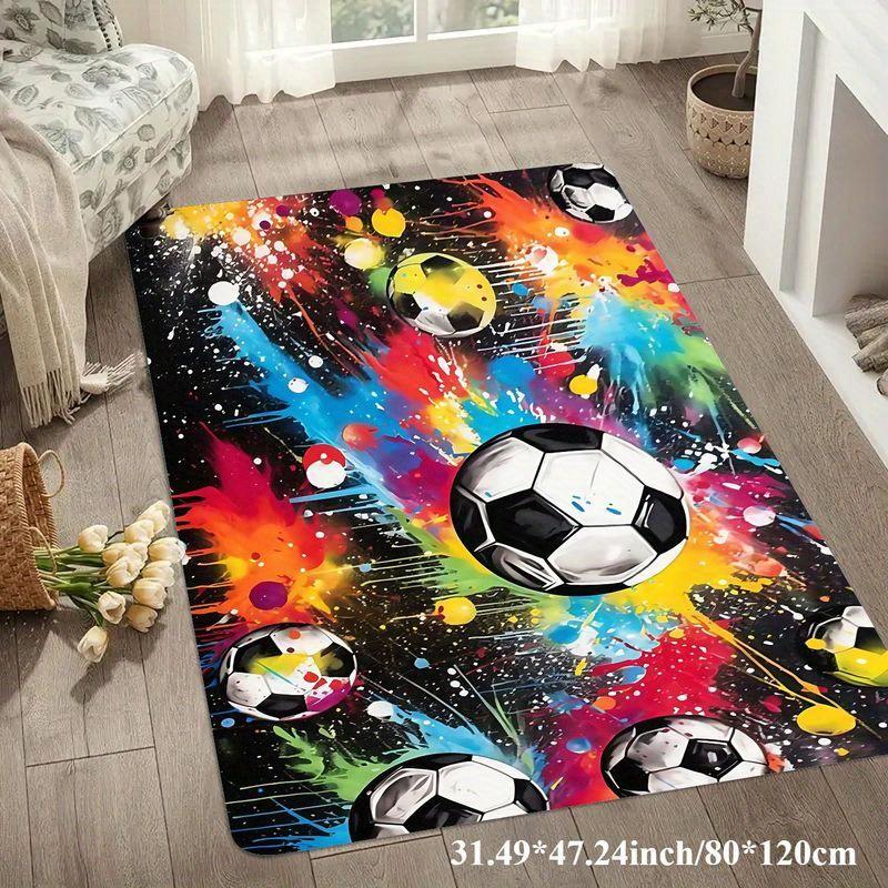 

Flannel Printed Soccer Ball Rug Colorful Splash Design Soft Fleece Floor Mat Living Room Carpet Sports Fan Decor Rugs 60x90cm