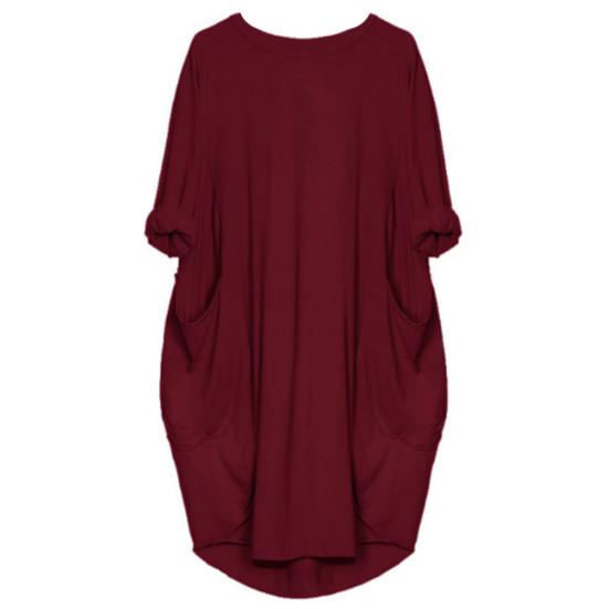 

Модный женский повседневный однотонный свободный круглый вырез с коротким рукавом пуловер миди 5XL вино красного