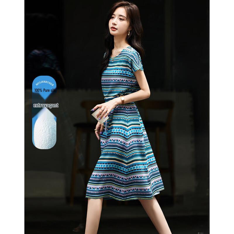 Demanar Women s Mulberry Silk Striped Drawstring Dress XL