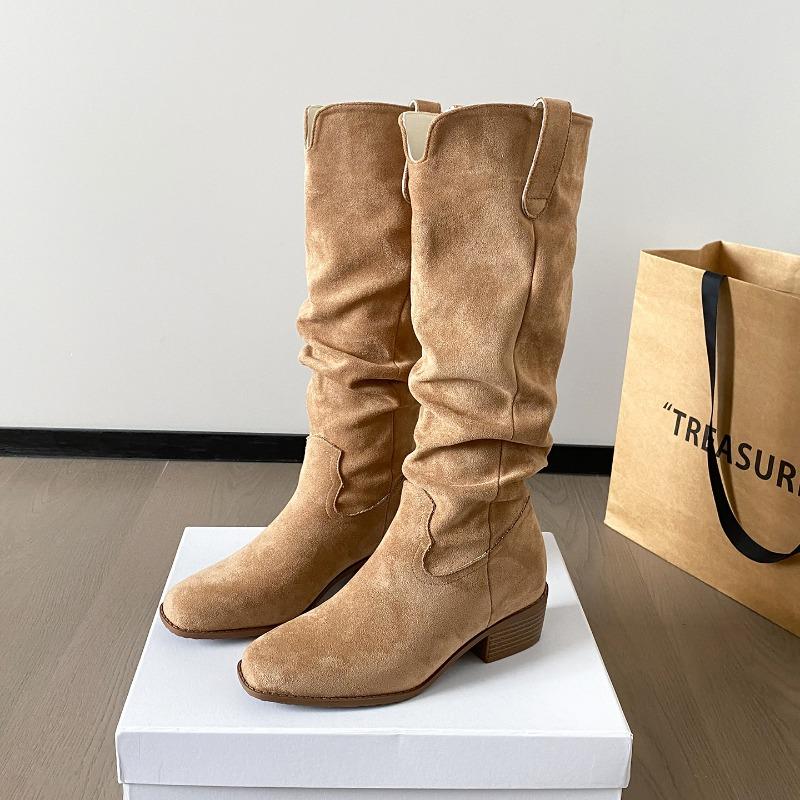 New Retro Coffee Stacking Boots Western Cowboy Boots Medium Tube Women's Boots Small Inner Height Increasing Fashion Boots