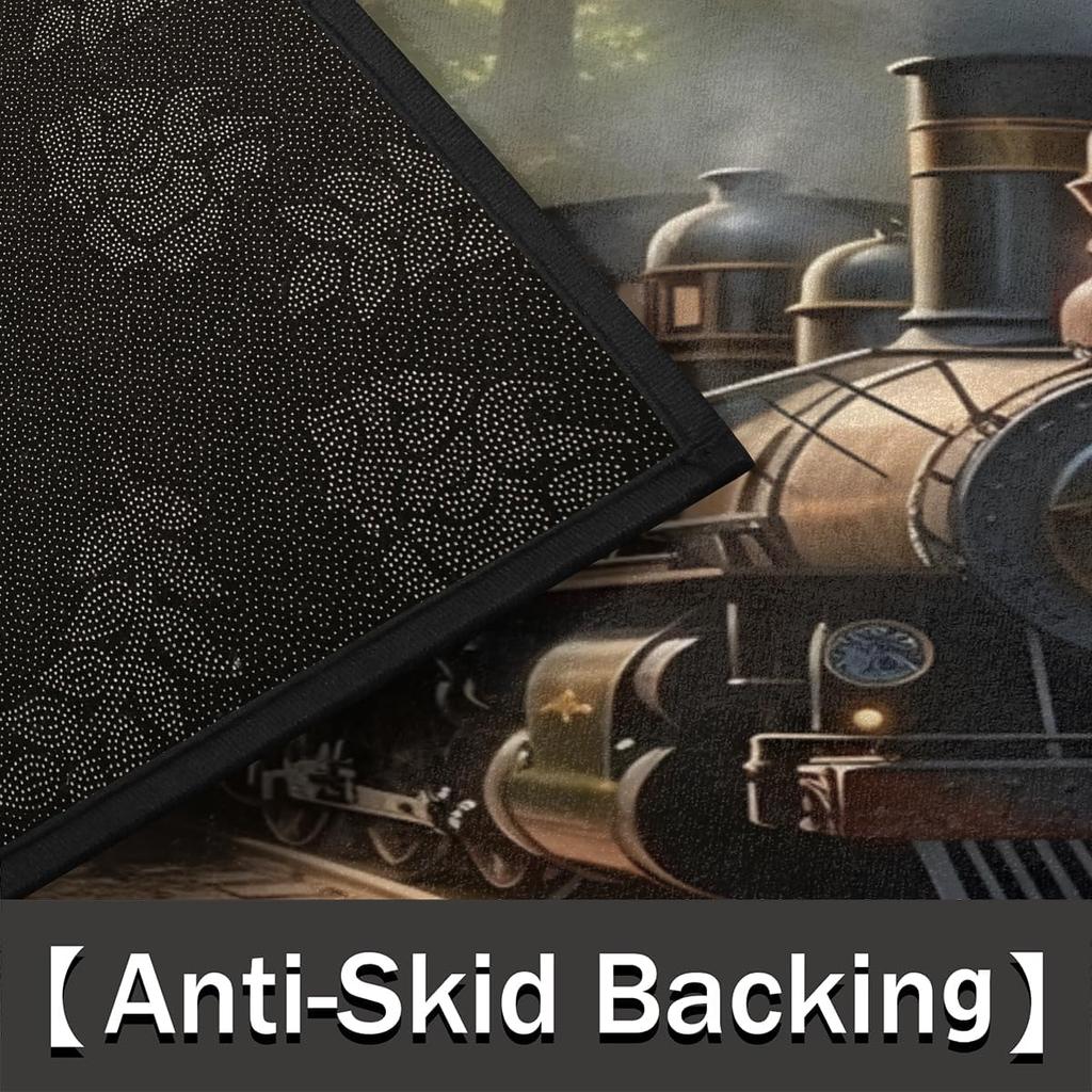 Half Round Door Mat, Steam Trains Non-Slip Half Circle Area Rug Railroad Forest Doormat Washable Durable Home Decor Half Moon Rug for Floor Indoor