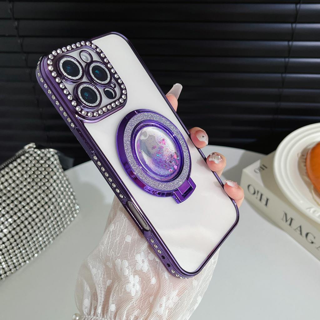 Pouzdro na telefon s třpytivým diamantovým chráničem objektivu fotoaparátu s pokovením Quicksand a stojánkem pro iPhone 17 16 Pro Max Samsung S25 S24 Průhledný ochranný kryt