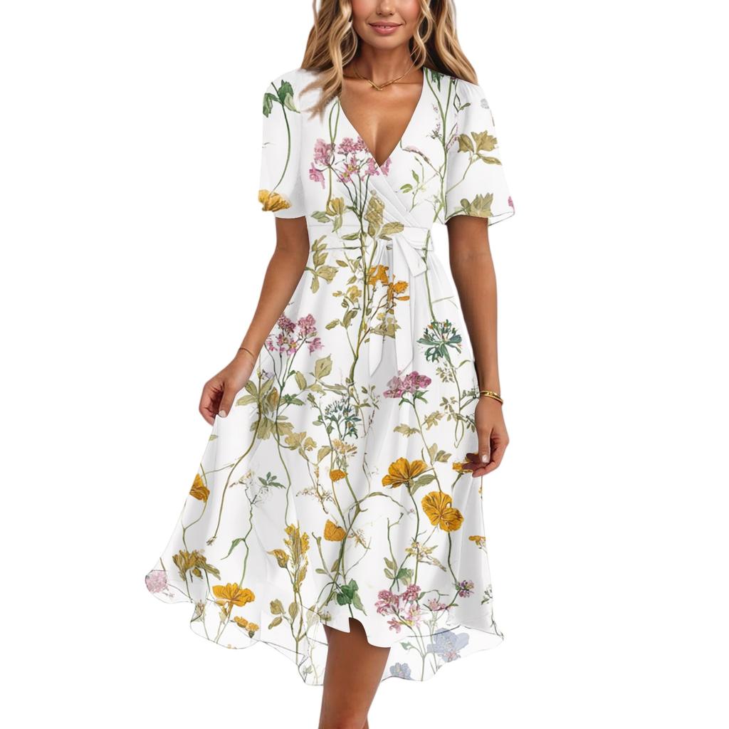 Damenmode Lässig V-Ausschnitt Kurzarm Rüschen Vintage Bedruckte Kleider