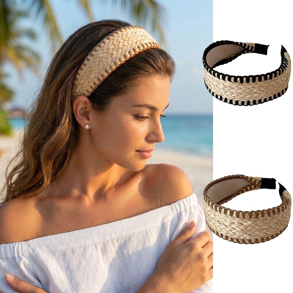 Fascia Wide Edge in Paglia Intrecciata Fascia per Capelli in Erba Raffia Bohemia Intrecciata Stile Vacanza Stile Coreano Stile Bohémien Cerchietto per Capelli Bambini