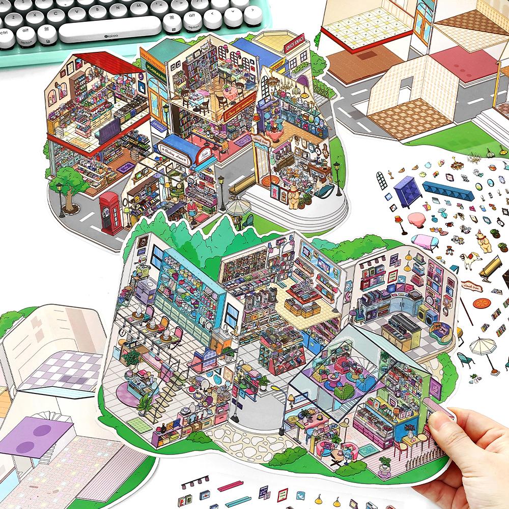 4/8 Pcs Cartoon Miniature Scene 3D Landscaping Stickers DIY Cabin Scene Stacking and Pasting Hand Account Cute Gift