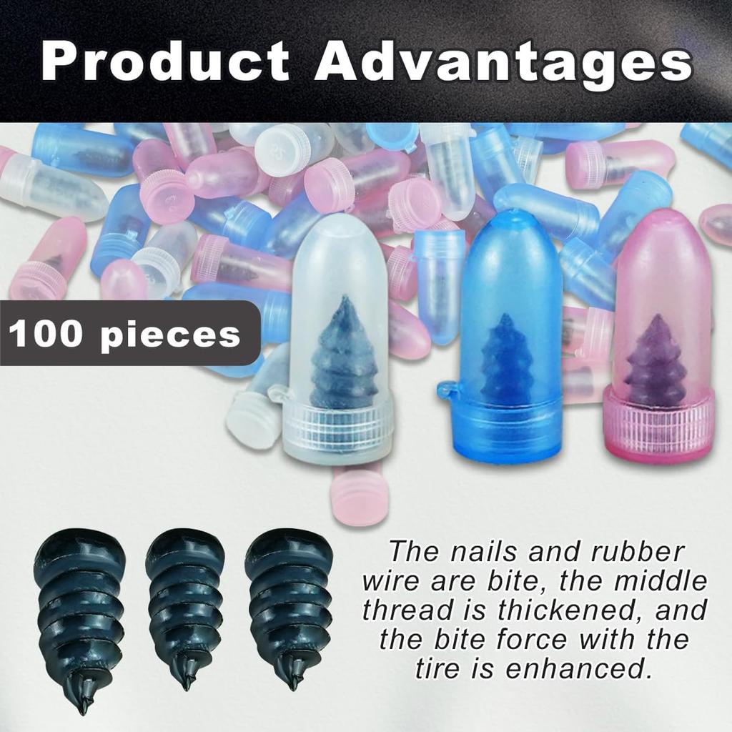 100 Pcs Tire Repair Rubber Nail, Tire Repair Screws Tire Repair Nail Tire Screws Plugs 3 Size Fast Tool With Screwdriver Self-Service Tire Screw Plug
