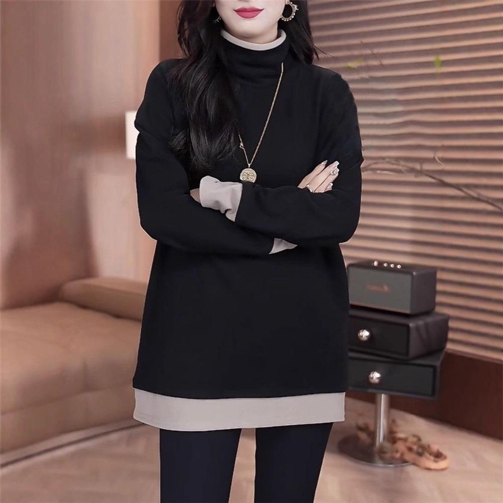 Plus Size Velvet High Neck Layered Top - Women's Autumn/Winter Slimming Cover-Up