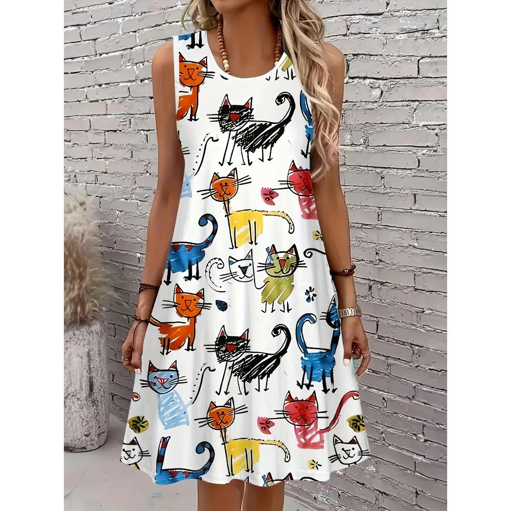 Summer Women Sleeveless Dress Floral Small Fresh Round Neck Vest Dress Casual Loose Seaside Vacation Style Comfortable Breathable Dress