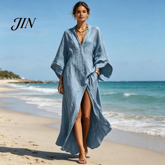 Breathable Casual Dress Women's Cotton Linen Maxi Dress, V Neck Batwing Sleeve Comfortable Daily Wear High Split Loose Beach Sundress with Pockets