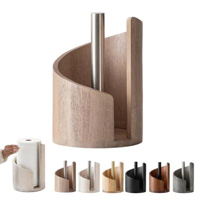 Mountain Paper Towel Holder Countertop with Wood Round Base And Iron Holder One-Hand Tearing Wood Paper Towel Holder for Kitchen Dining Room