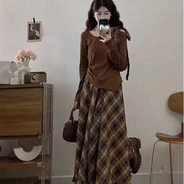 Amber Academics: Bowknot Long Sleeve Top & Retro Plaid Skirt Set
