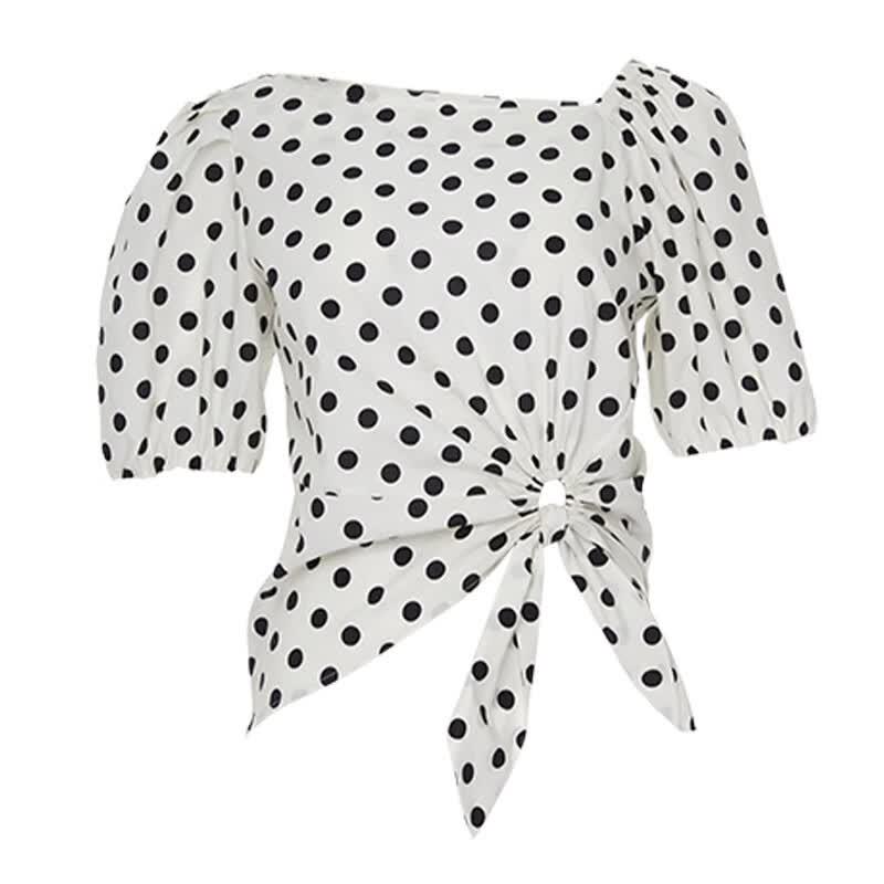 Gejin Women s French Polka Dot Irregular Short Sleeve Top L