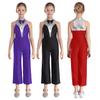 Children‘s Sparkly Rhinestone Color Block Sleeveless Jazz Dance Bodysuit Metallic Patchwork Jumpsuit for Performance Competition
