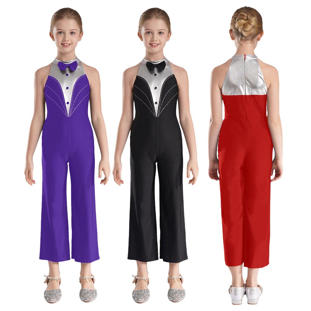 Children‘s Sparkly Rhinestone Color Block Sleeveless Jazz Dance Bodysuit Metallic Patchwork Jumpsuit for Performance Competition