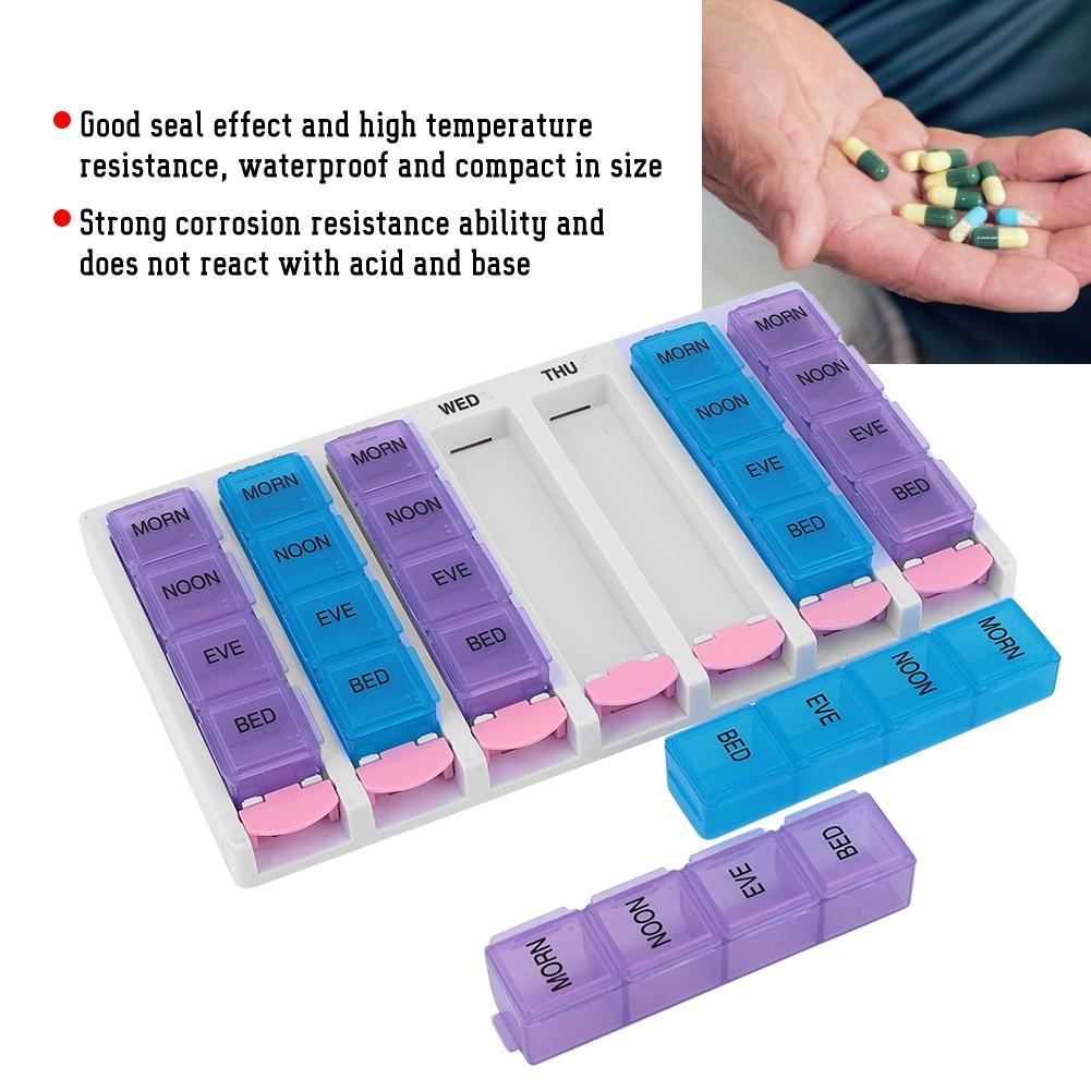 7 Days 4 Times a Day 28 Compartments Pill Box Medicine Organizer with Push Button (Blue Purple)