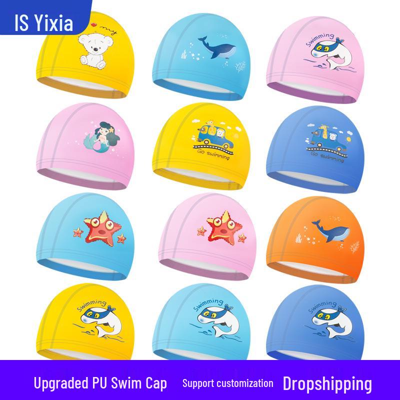 Children's PU Swim Cap: Non-Tightening, Ear-Protecting, Cute Cartoon Design for Boys and Girls.
