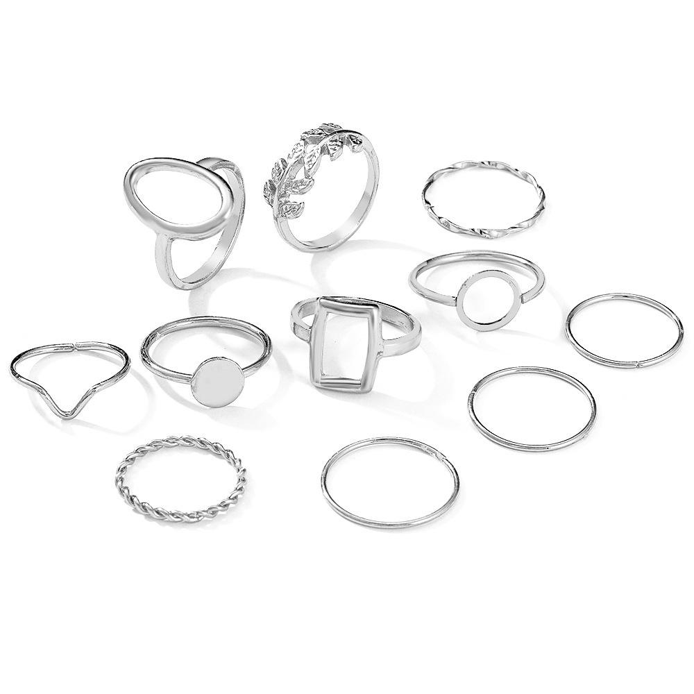 11-Piece Geometric Leaf Ring Set: Creative, Stylish Joint Rings for Women