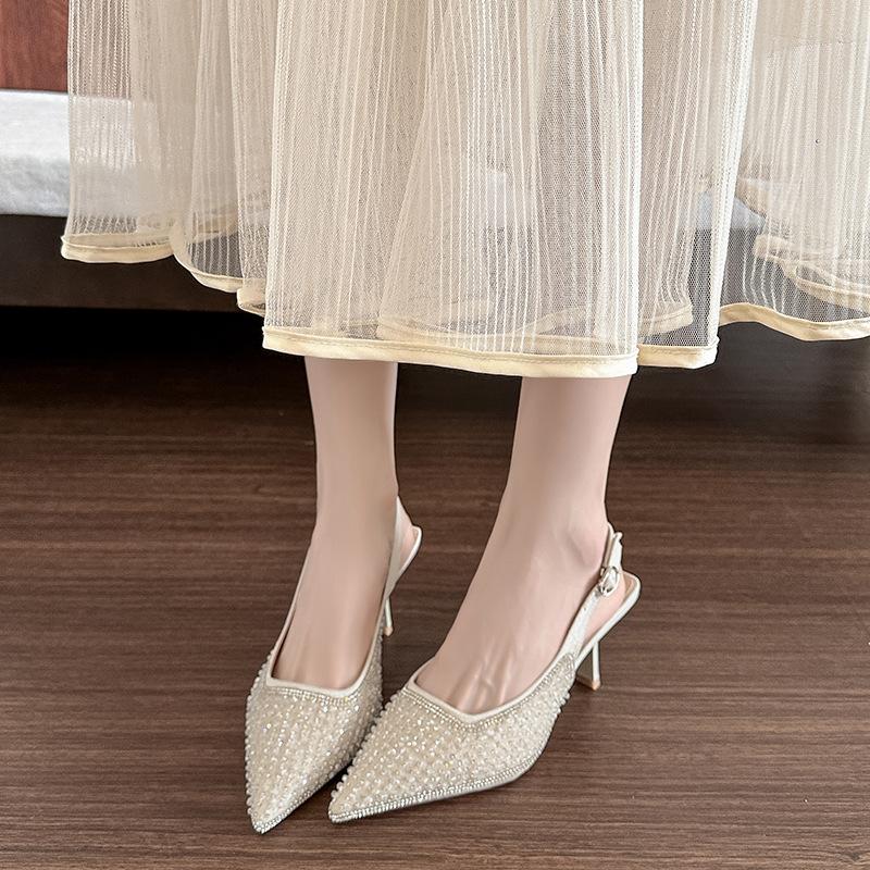 B813-ES79 New Gypsy River~ Pointed mesh rhinestone rear empty high-heeled sandals women's dinner shoes women's wedding shoes
