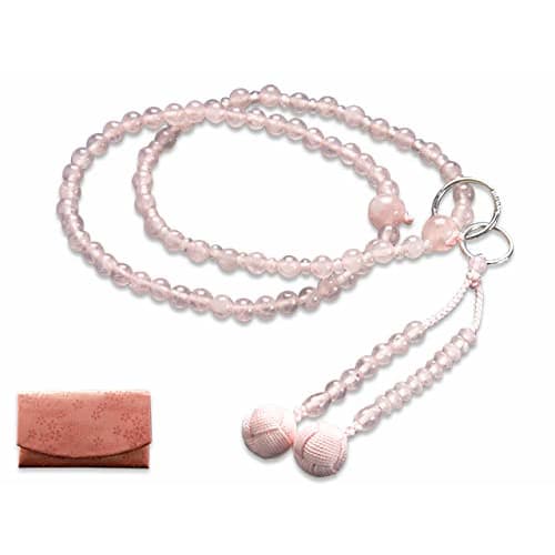 Kyoto Butsudan Hayashi Buddhist Prayer Beads, Jodo Sect, Rose Quartz (Women's), Formal, Authentic, with Prayer Bead Bag, SW-007, Kyoto