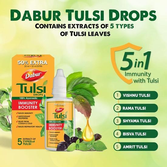 Dabur Tulsi Drops : 30ml (20ml + 10ml Free) | Contains Extracts of 5 Rare Tulsi | Boosts Immunity | Cough And Cold Relief | 100% Ayurvedic