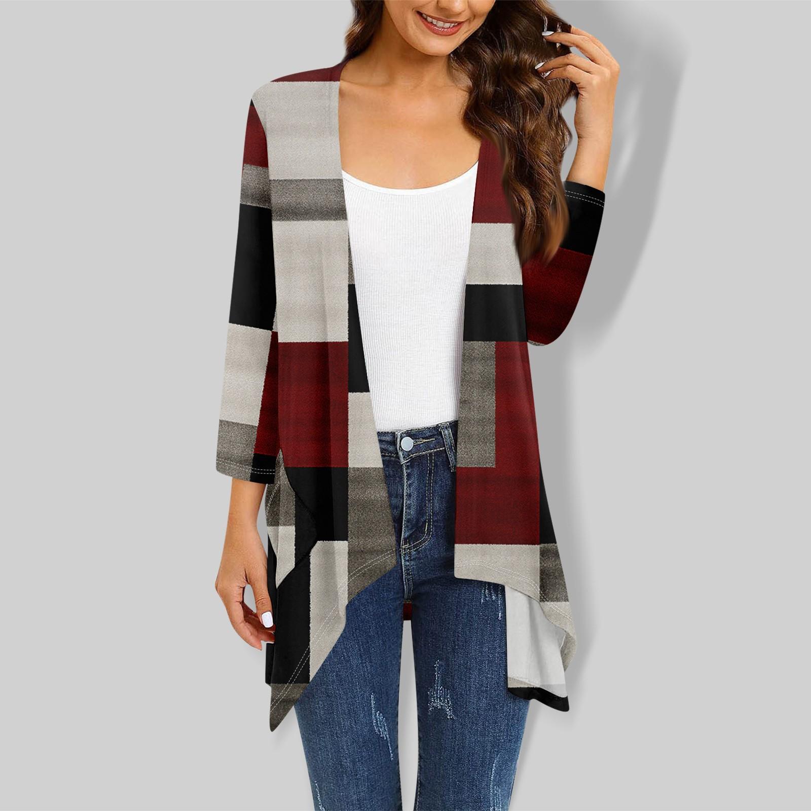 

Женский кардиган с рукавом 3/4 и принтом, вязаный легкий кардиган с открытой передней частью и карманами XXL винный