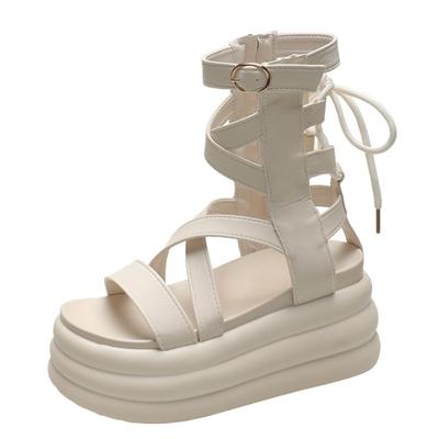 Modă 8,5 cm Noi Sandale de Vară Negre din Piele pentru Femei Cizme Cool de Gleznă Pantofi cu Platformă Sandale cu Pană pentru Femei Modă Sandale de Exterior