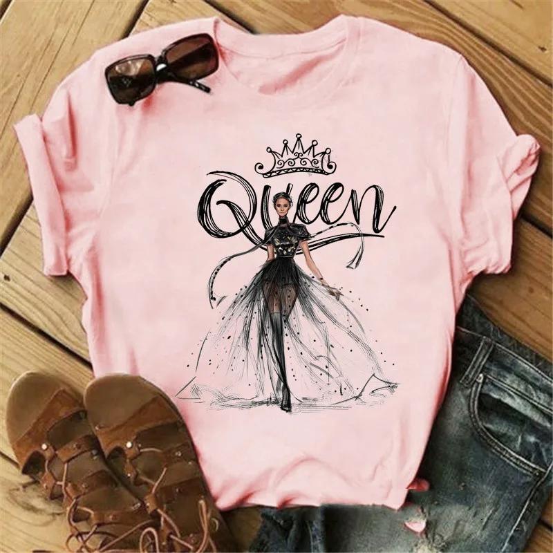 Pink Crown Queen Print Women T Shirt Short Sleeve O Neck Loose Women Tshirt Ladies Tee Shirt Tops Clothes Camisetas Mujer